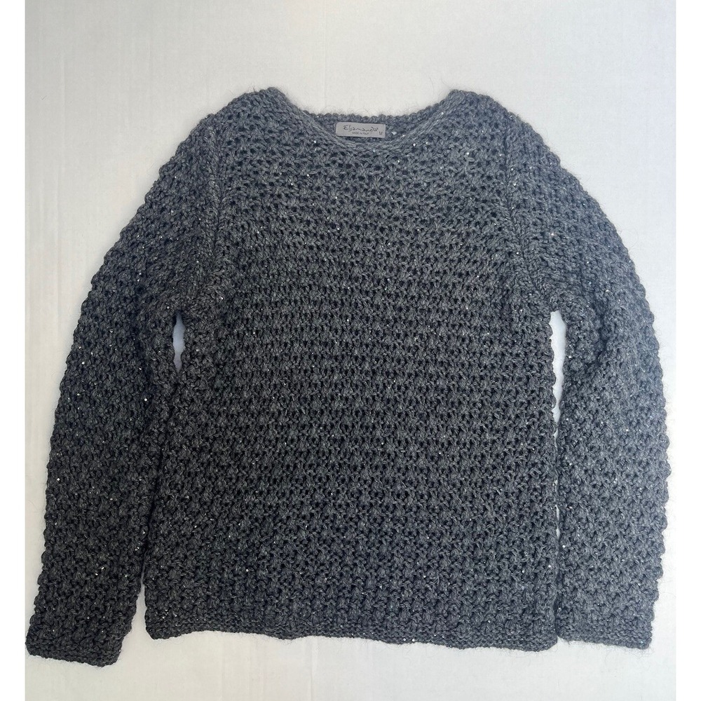 ELSAMANDA Womens Gray Open Knit LS Sweater Size M Sparkles Made In Italy